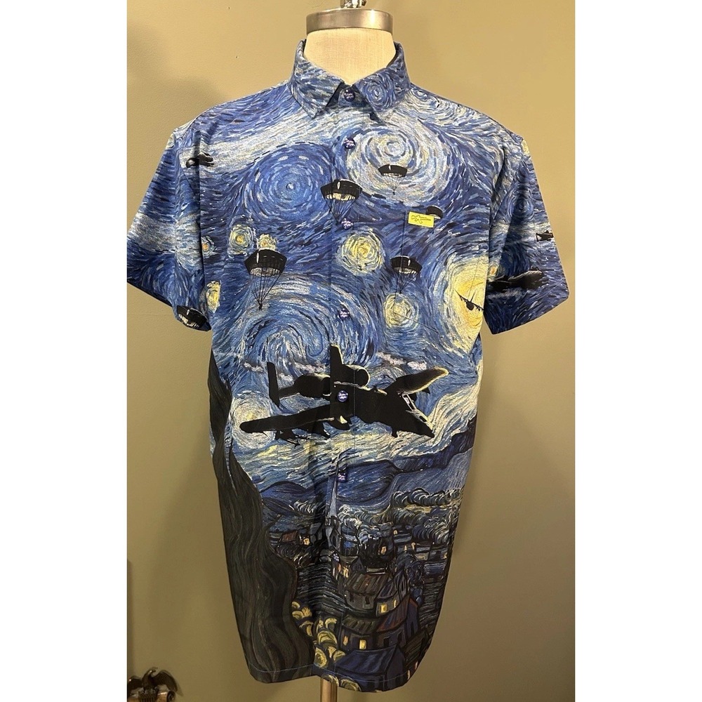 Retro Rifle Shirt "Starry Night" Van Gogh All Over Print Blue Mens Sz XL